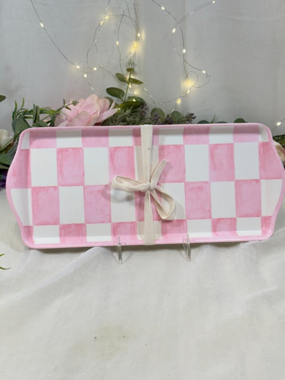 Set of 2 Pink White Checkered Melamine Appetizer Serving Trays Plates 15" New